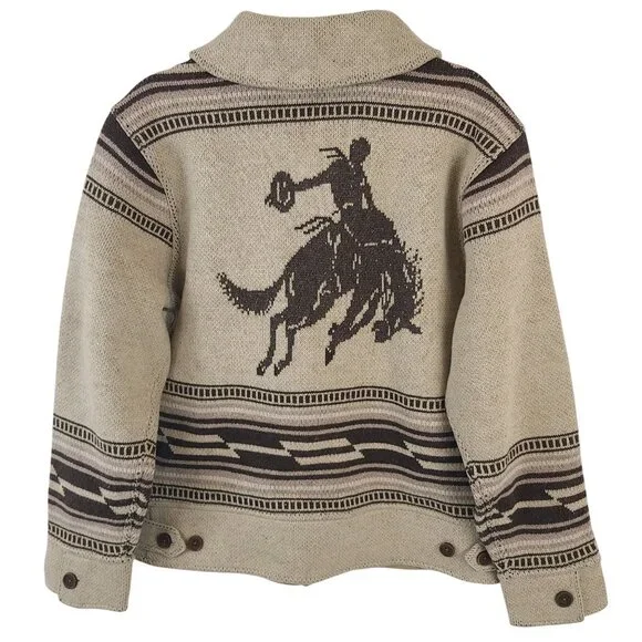 RRL Ralph Lauren Southwestern Shawl Collar Cardigan Beige Brown Wool Blend M - Picture 8 of 10